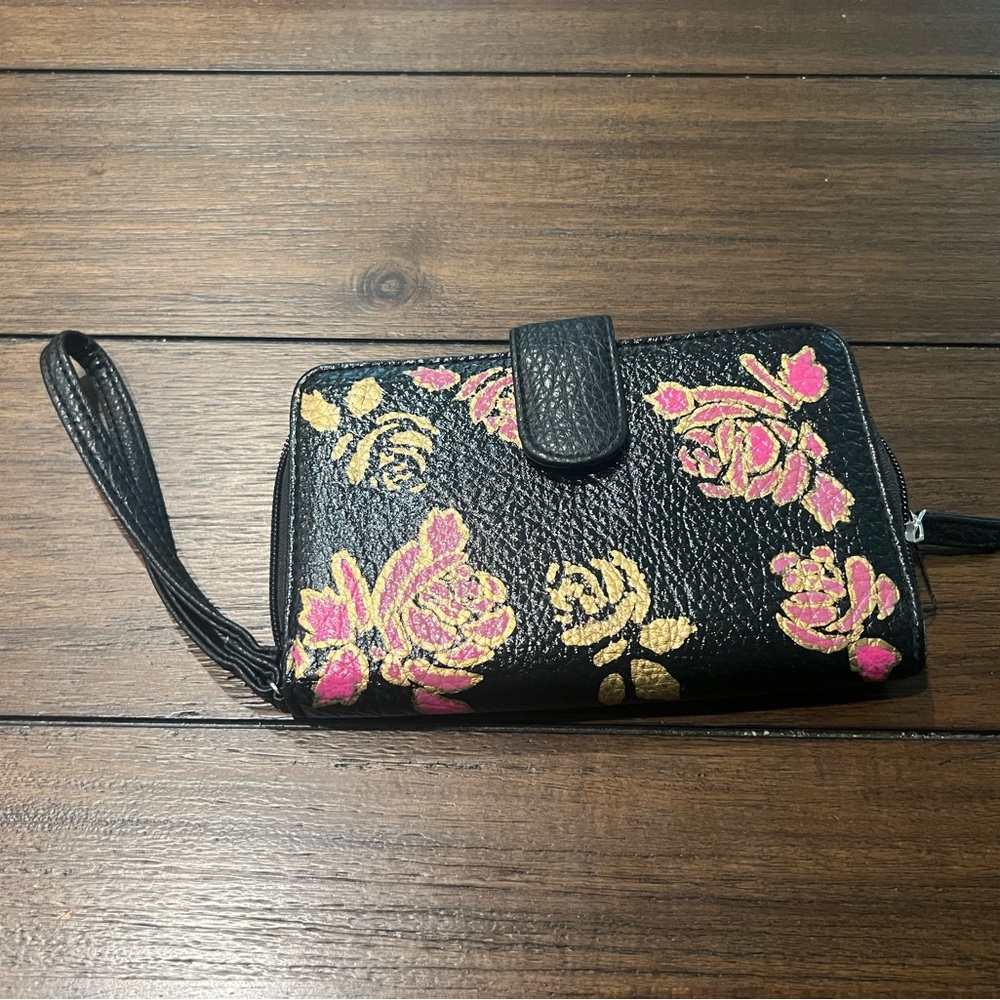 Bunny Starling Floral Black Wristlet Wallet